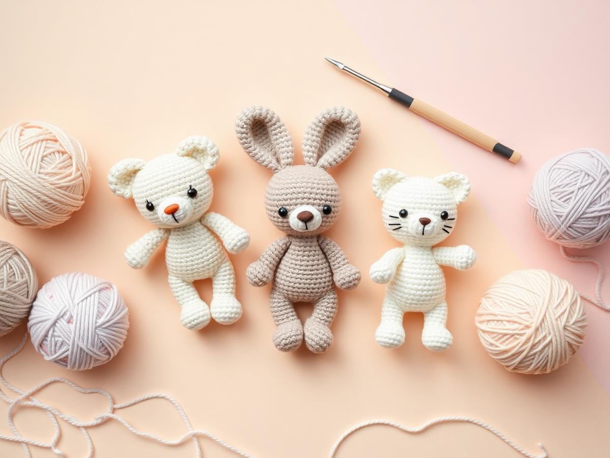 Amigurumis de crochê feitos à mão com novelos de lã em tons pastel