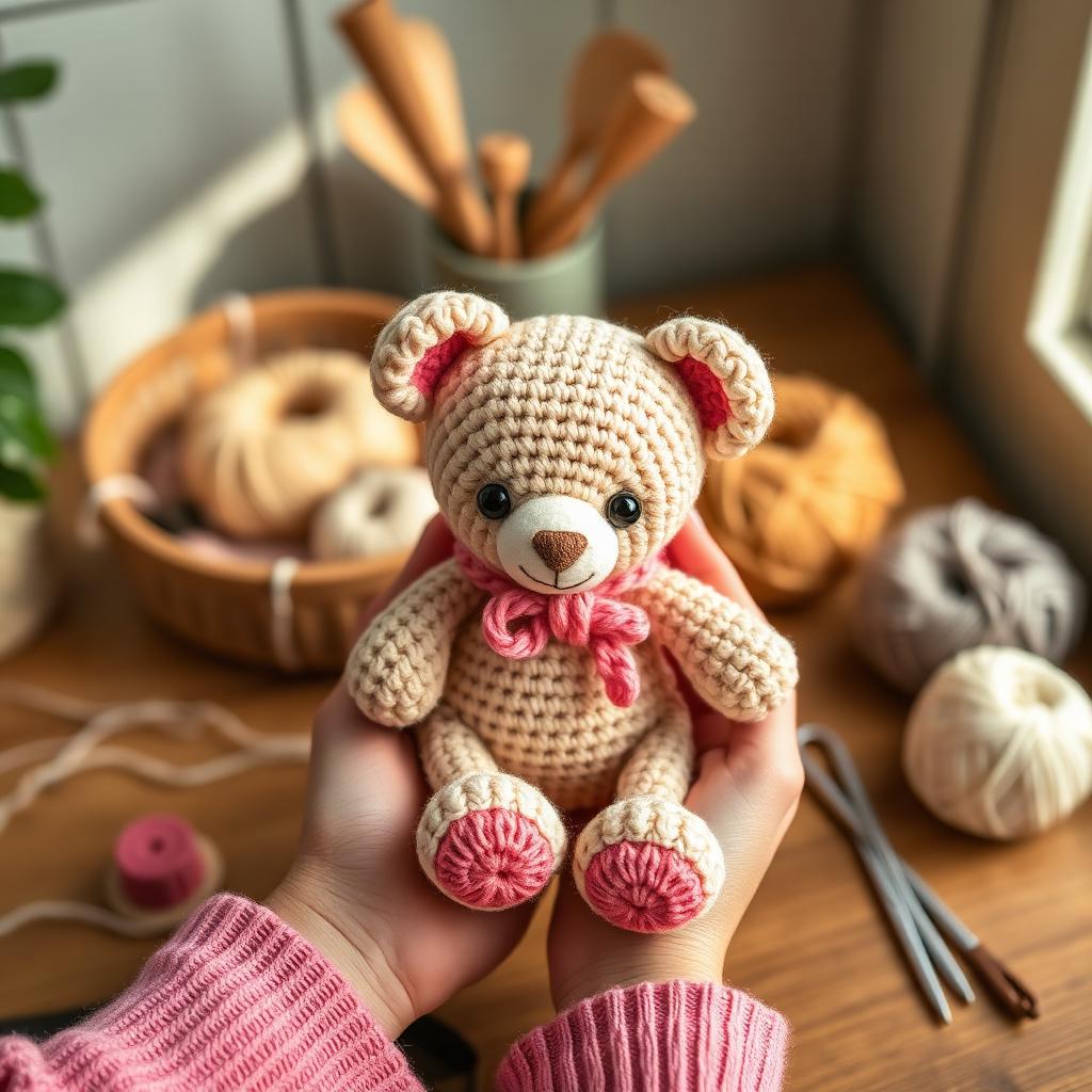 Mulher segurando amigurumi feito à mão em ambiente artesanal iluminado